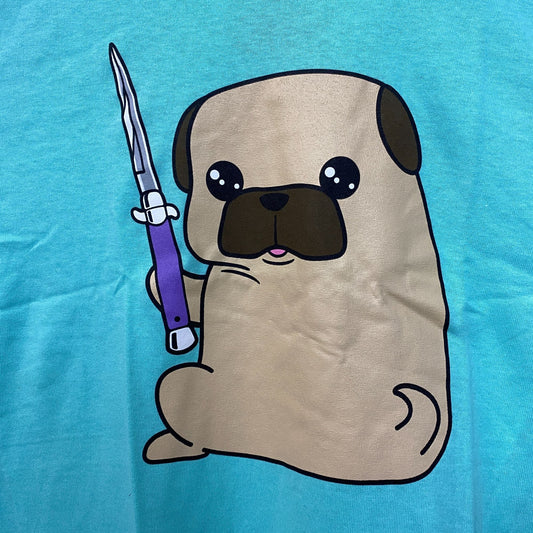 Kawaii Pug the Thug Butterfly Knife Doggo Black Matter Tee L