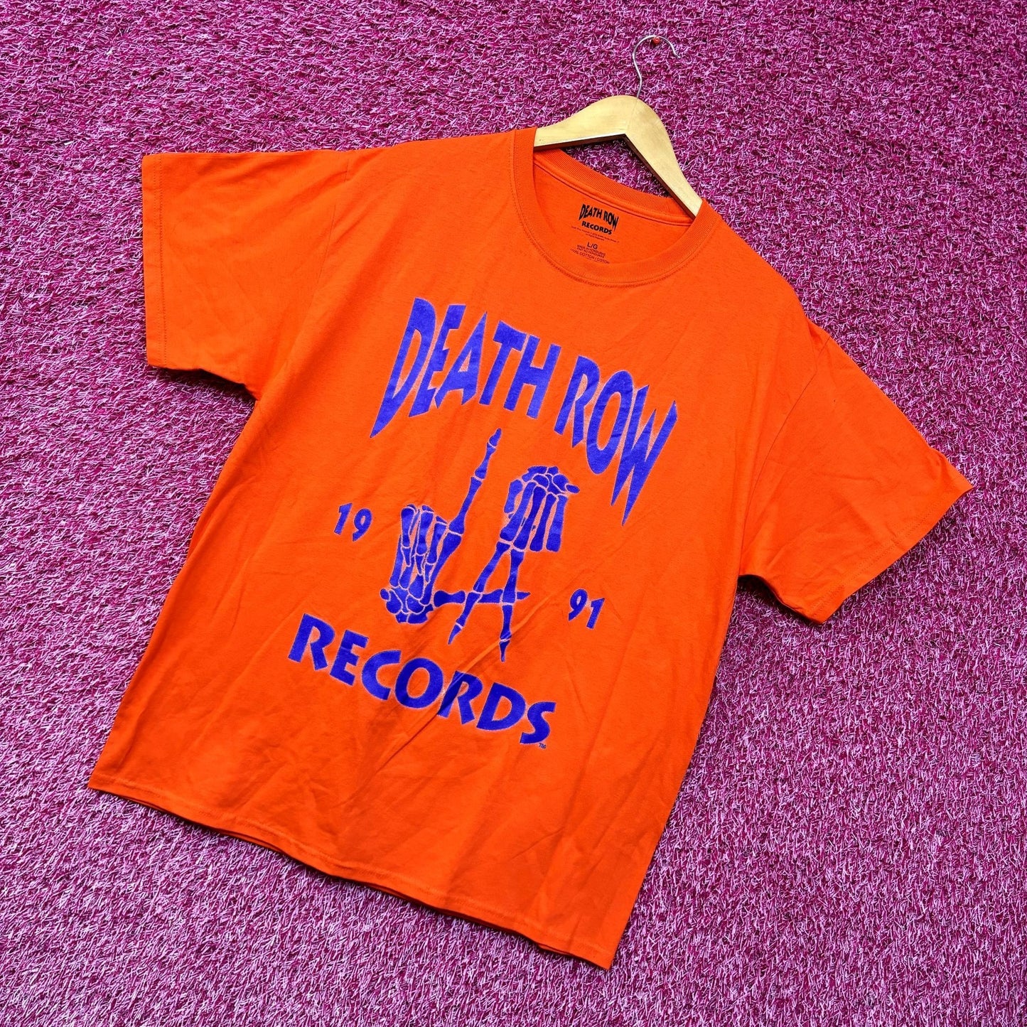 Death Row Records LA Skull Hands 1991 Neon Rap Tee Large