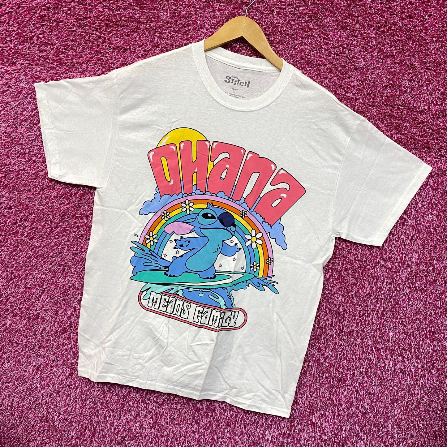 Stitch Surfing Ohana Means Family Disney Lilo & Stitch Tee L