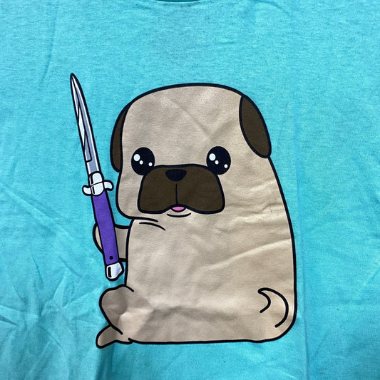 Doug The Thug Pug Butterfly Knife Kawaii Pop Art Tee M