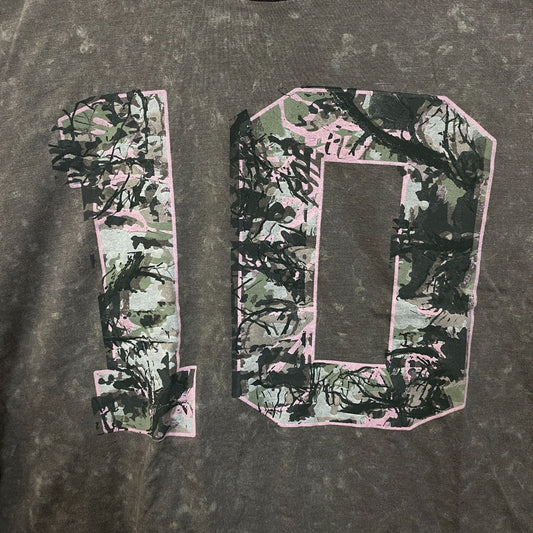 Rebellious One Grey Pink Camo Varsity Number 10 Mineral Wash Crop T-Shirt Large