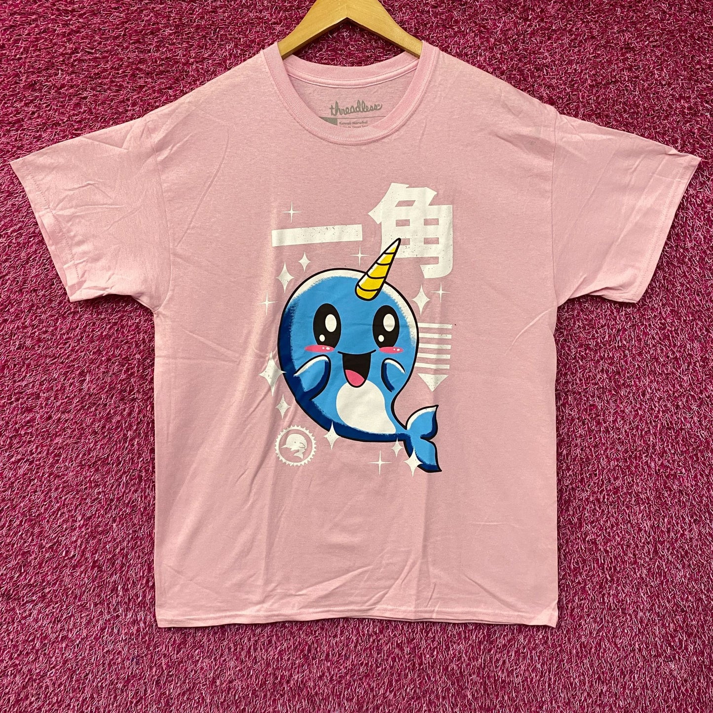 Kawaii Narwhal - Kaku "Horn" - Cute Graphic Pink T-Shirt Large