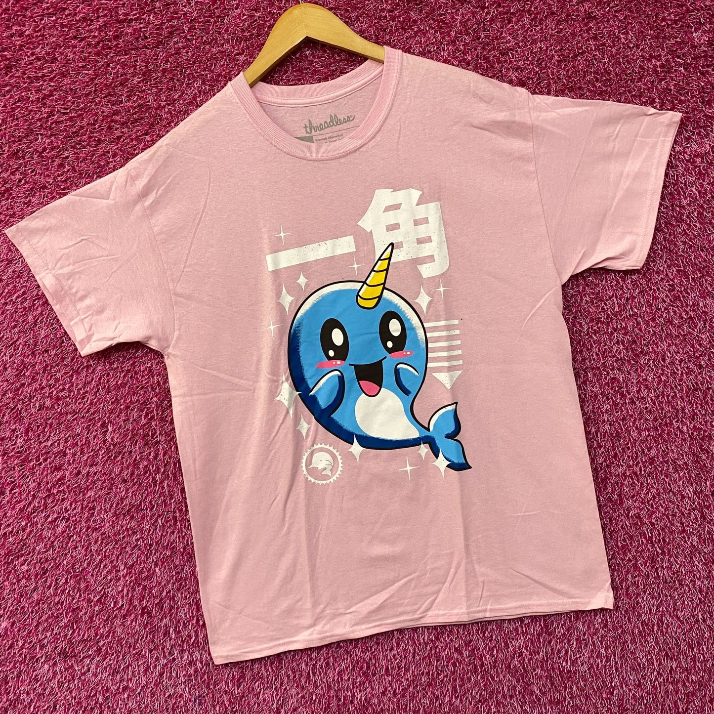 Kawaii Narwhal - Kaku "Horn" - Cute Graphic Pink T-Shirt Large