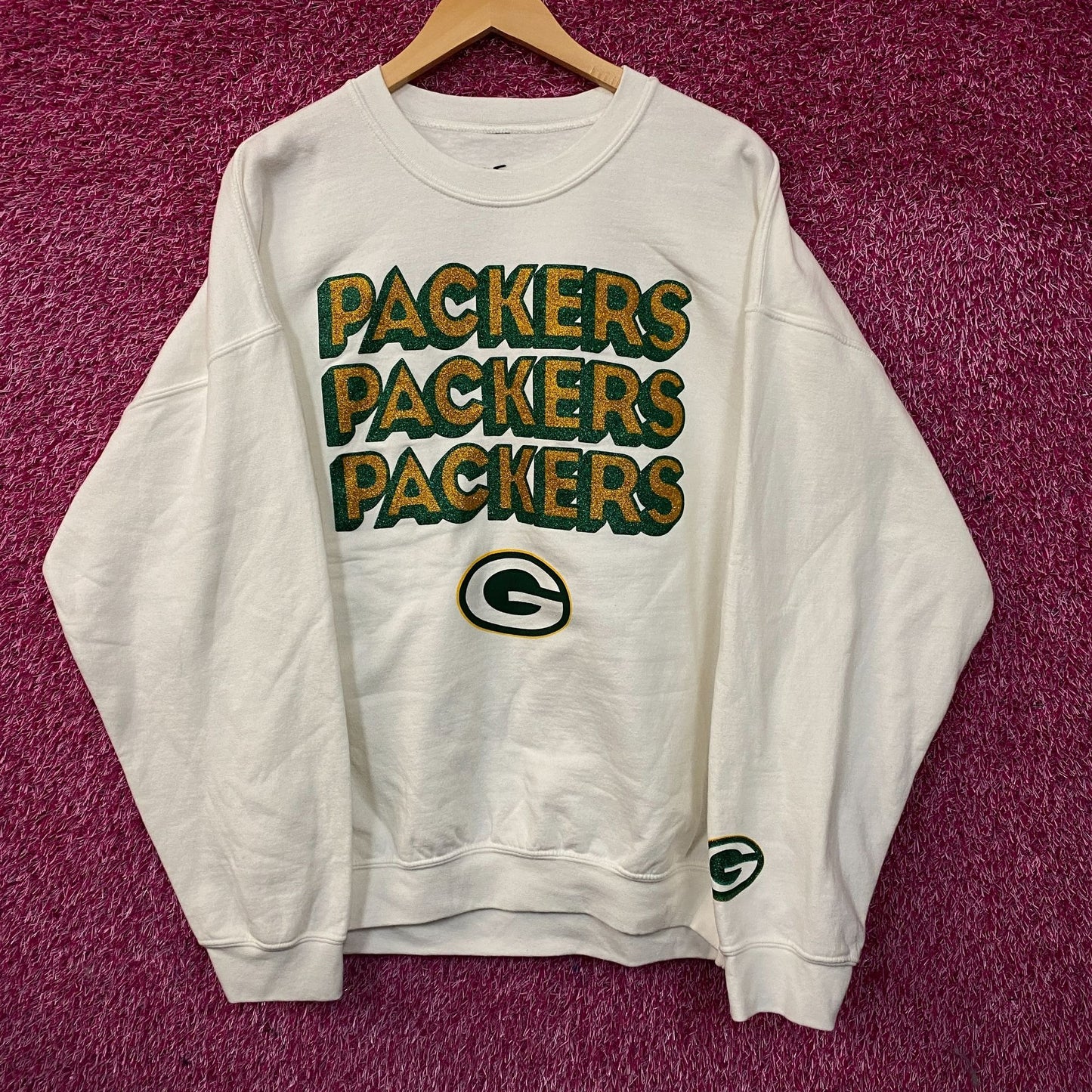 Junk Food Clothing Green Bay Packers Repeat Bling Glitter Crewneck Sweatshirt XL