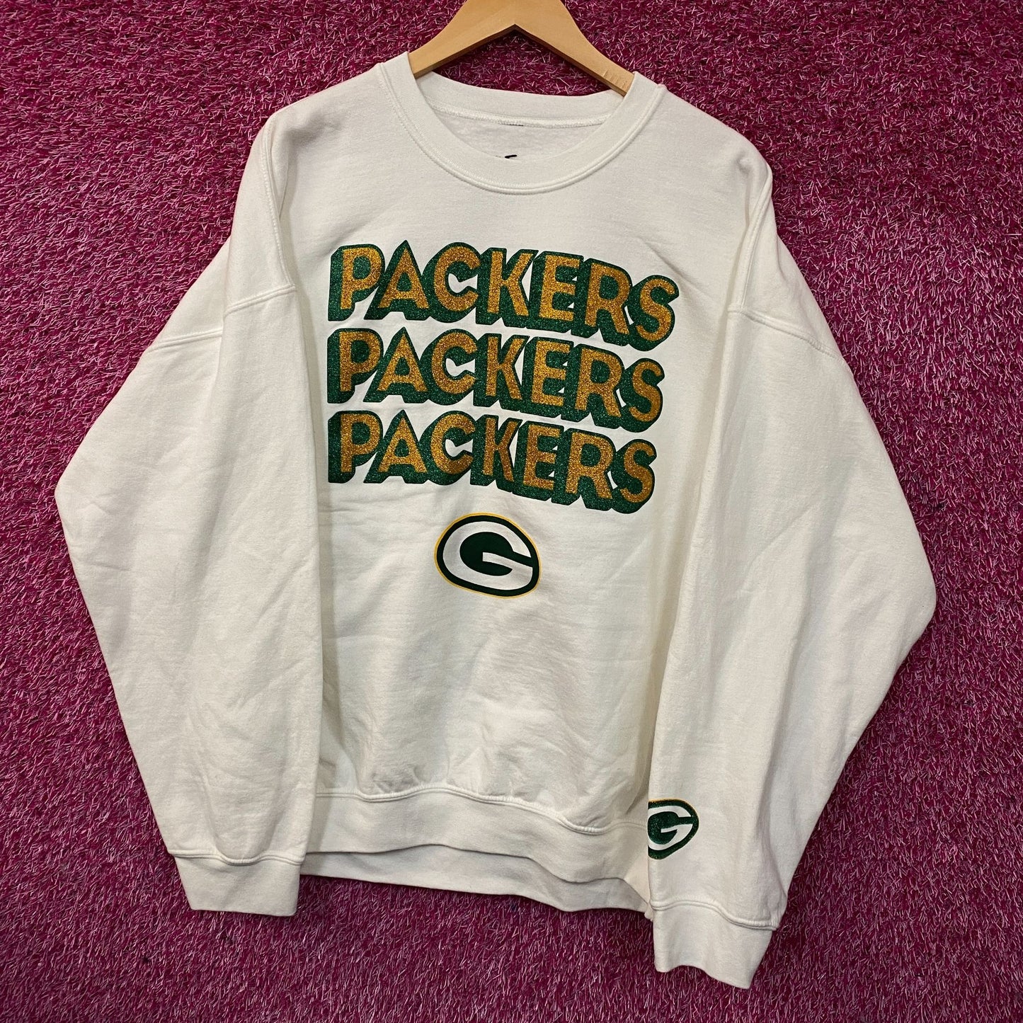 Junk Food Clothing Green Bay Packers Repeat Bling Glitter Crewneck Sweatshirt XL