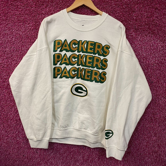 Junk Food Clothing Green Bay Packers Repeat Bling Glitter Crewneck Sweatshirt XL