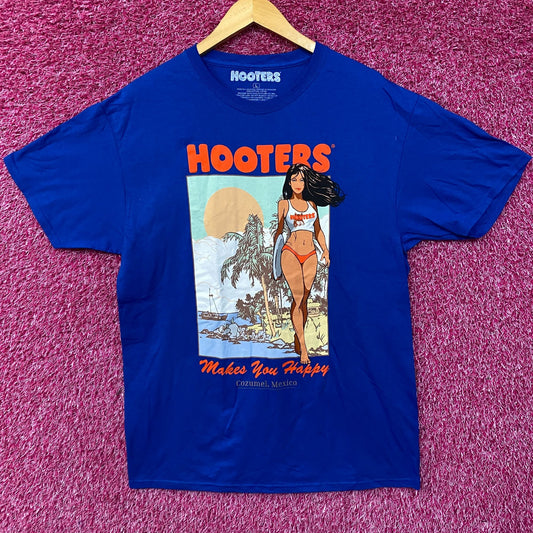 Hooters Makes You Happy Cozumel Mexico Beach Babe Sports Bar Promo T-Shirt Large