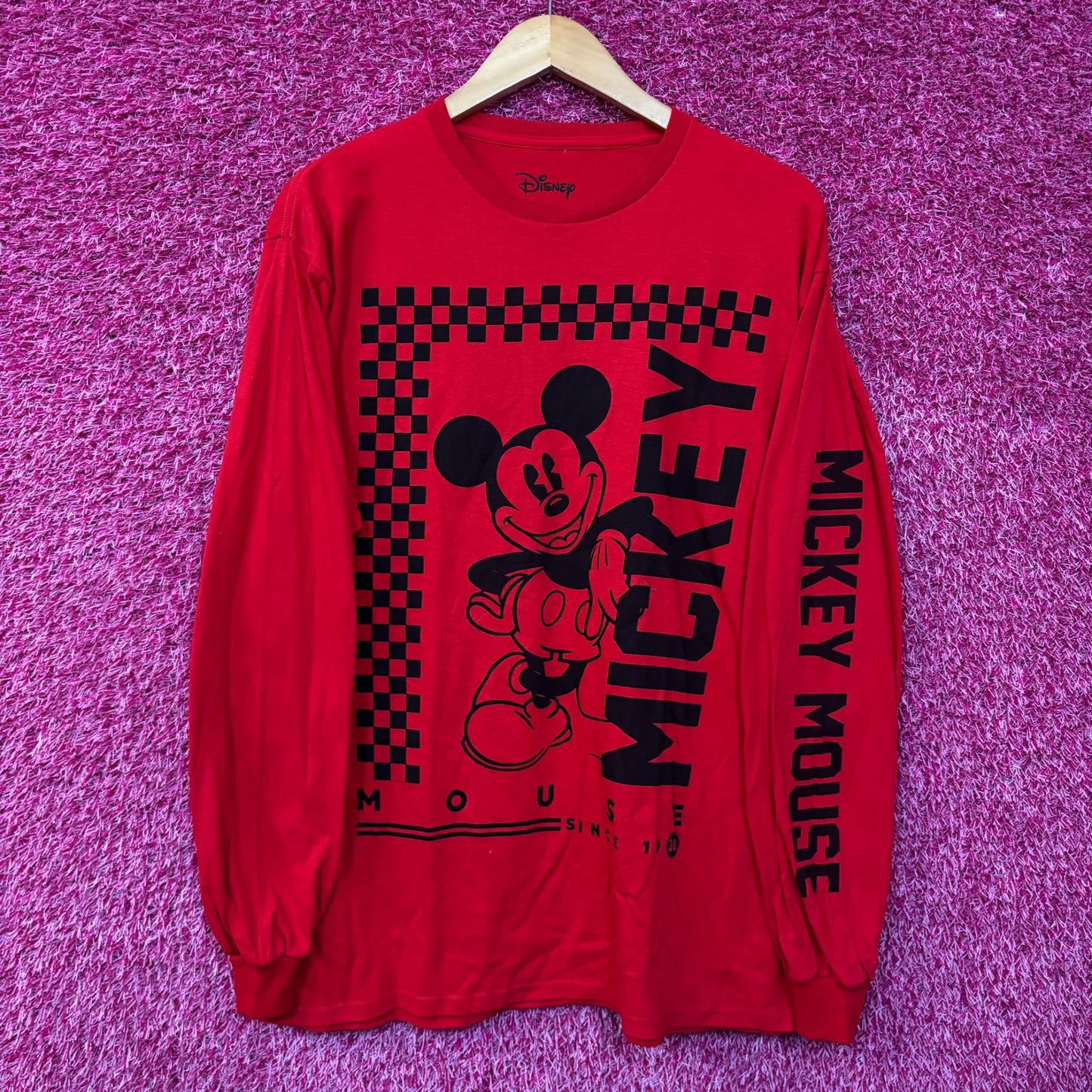 Disney Mickey Mouse Checkered Red Long Sleeve T-Shirt Large