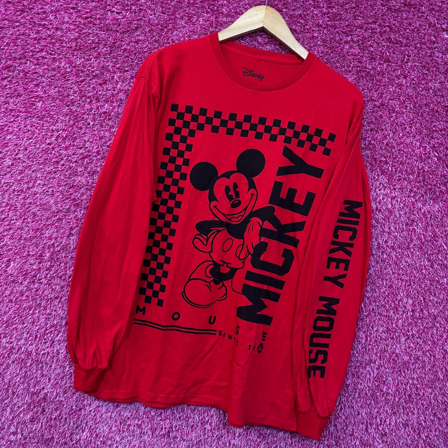 Disney Mickey Mouse Checkered Red Long Sleeve T-Shirt Large