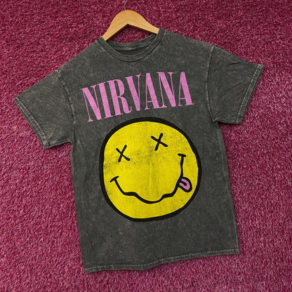 Nirvana Smiley Face Graphic Grunge T-Shirt Medium