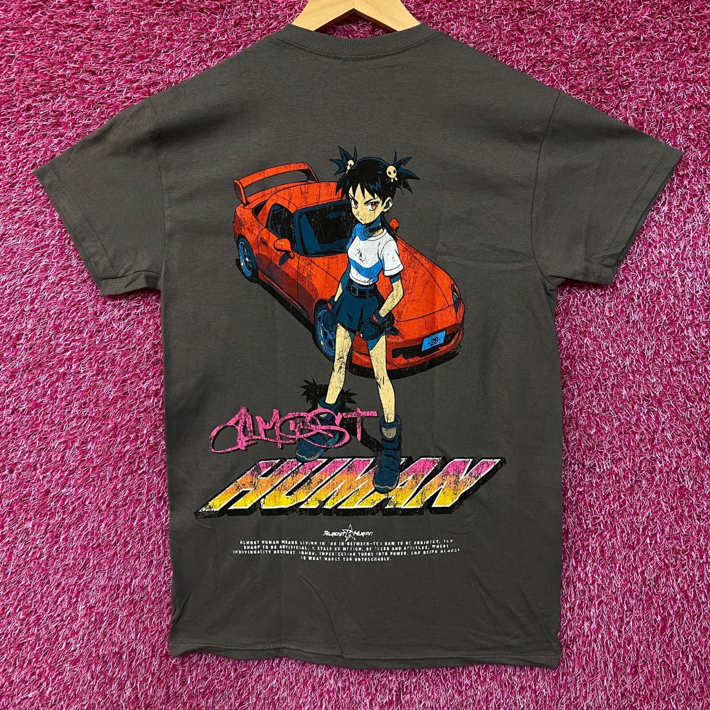 Almost Human Anime Girl Sports Car Graphic T-Shirt Small