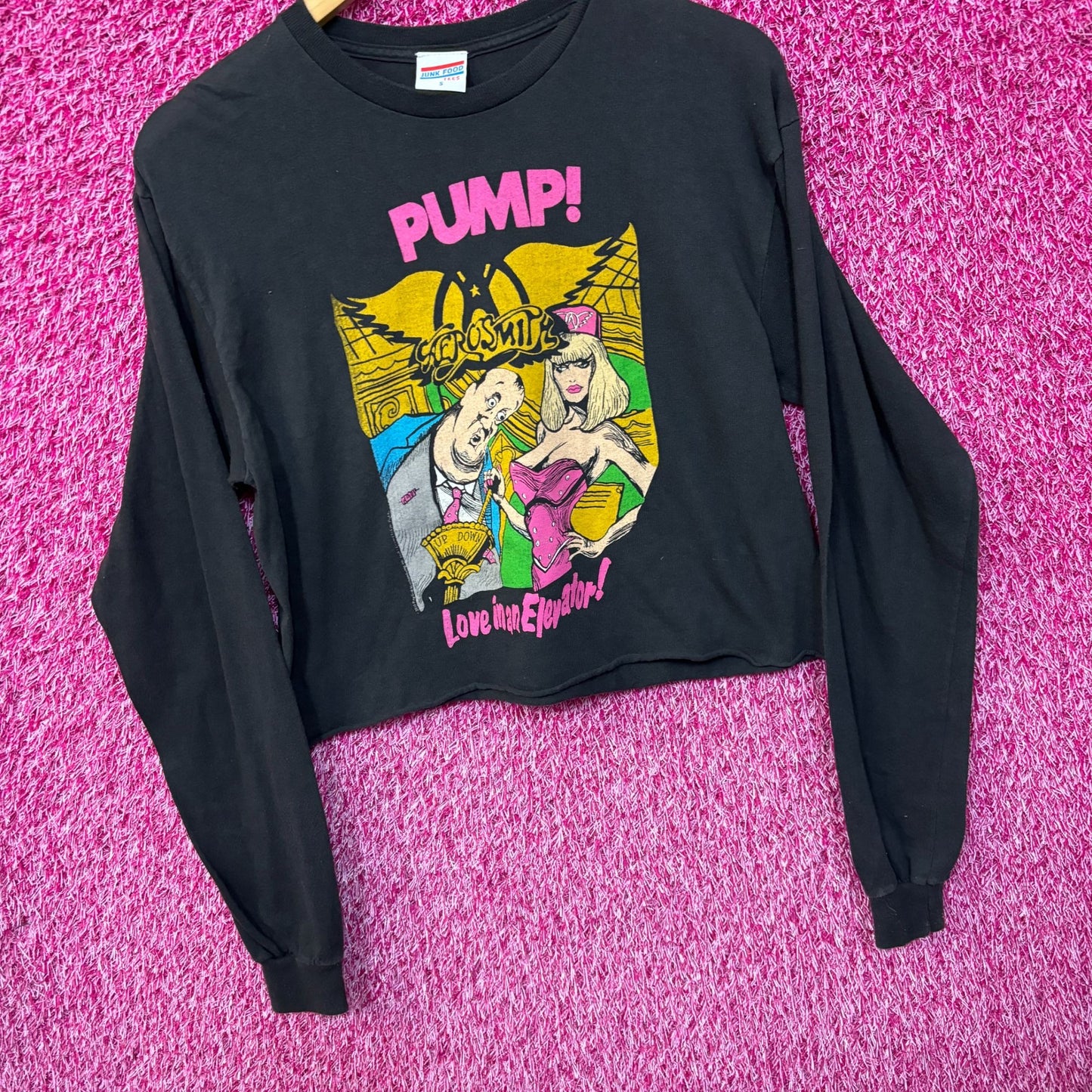Aerosmith Pump Love in an Elevator Glam Metal Long Sleeve Crop Top S