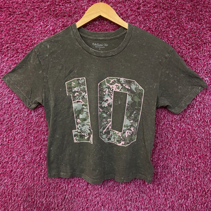Rebellious One Grey Pink Camo Varsity Number 10 Mineral Wash Crop T-Shirt Small
