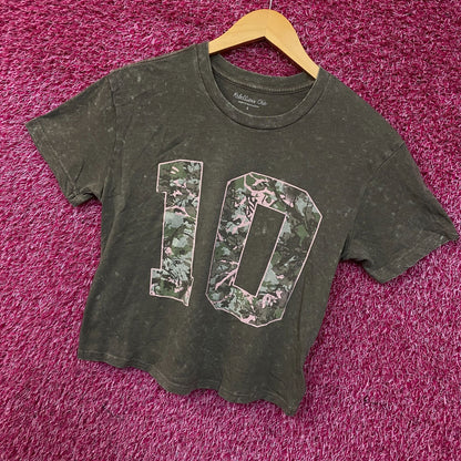 Rebellious One Grey Pink Camo Varsity Number 10 Mineral Wash Crop T-Shirt Small