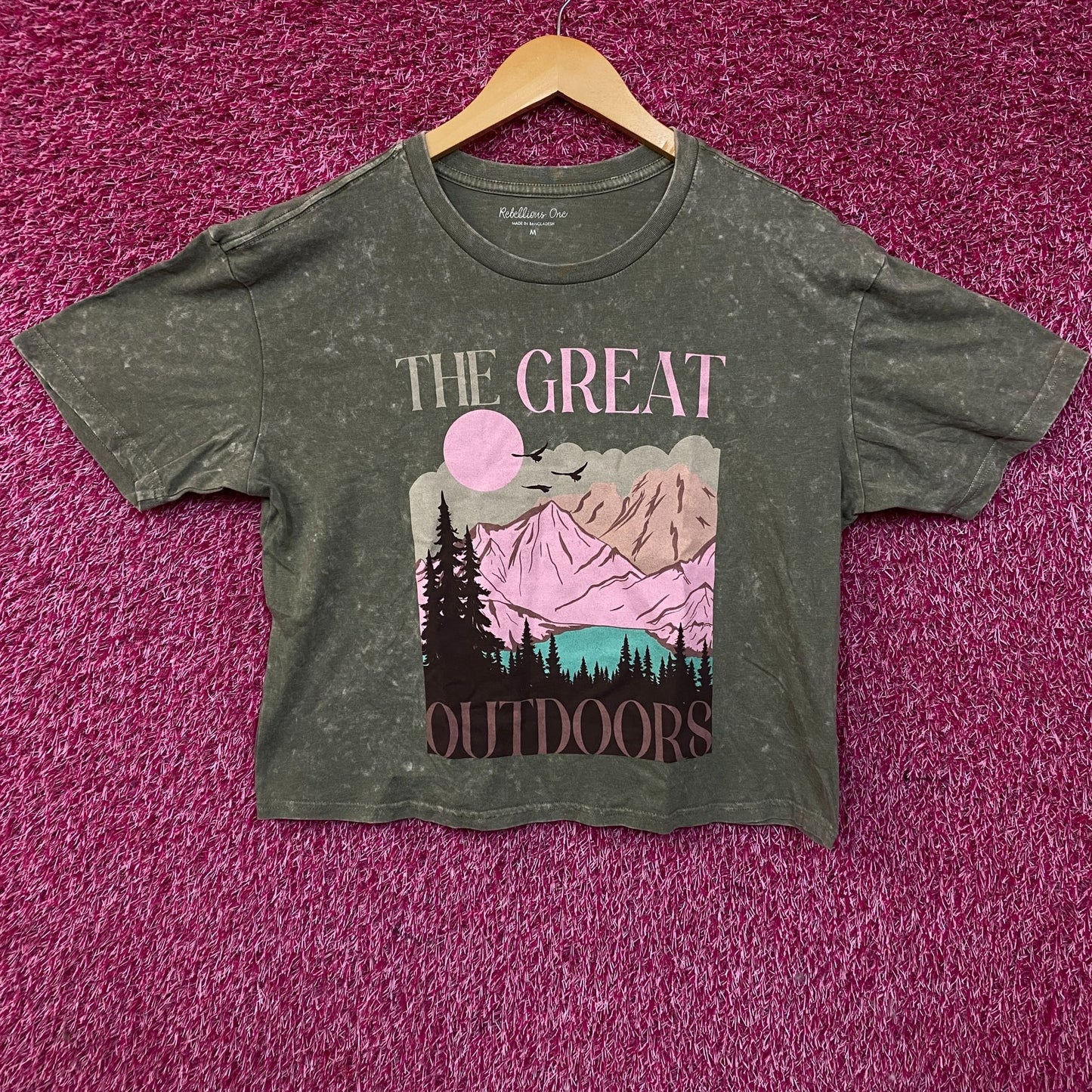 Rebellious One "The Great Outdoors" Mineral-Wash Cropped Graphic T-Shirt Medium