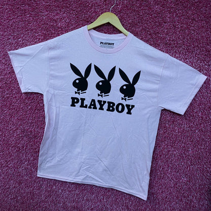 Playboy Triple Bunny Logo Rhinestone Graphic T-Shirt Large