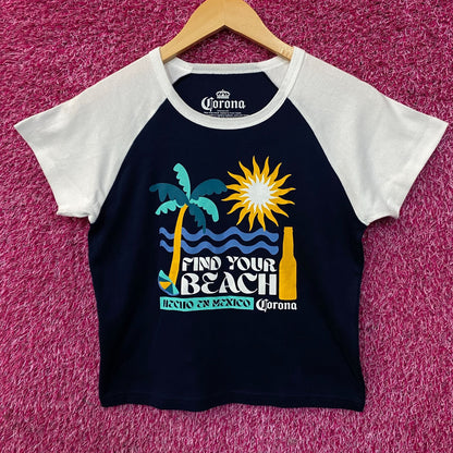 Corona Cerveza "Find Your Beach" Hecho En Mexico Raglan Crop Baby Tee XL