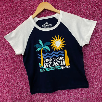Corona Cerveza "Find Your Beach" Hecho En Mexico Raglan Crop Baby Tee XL