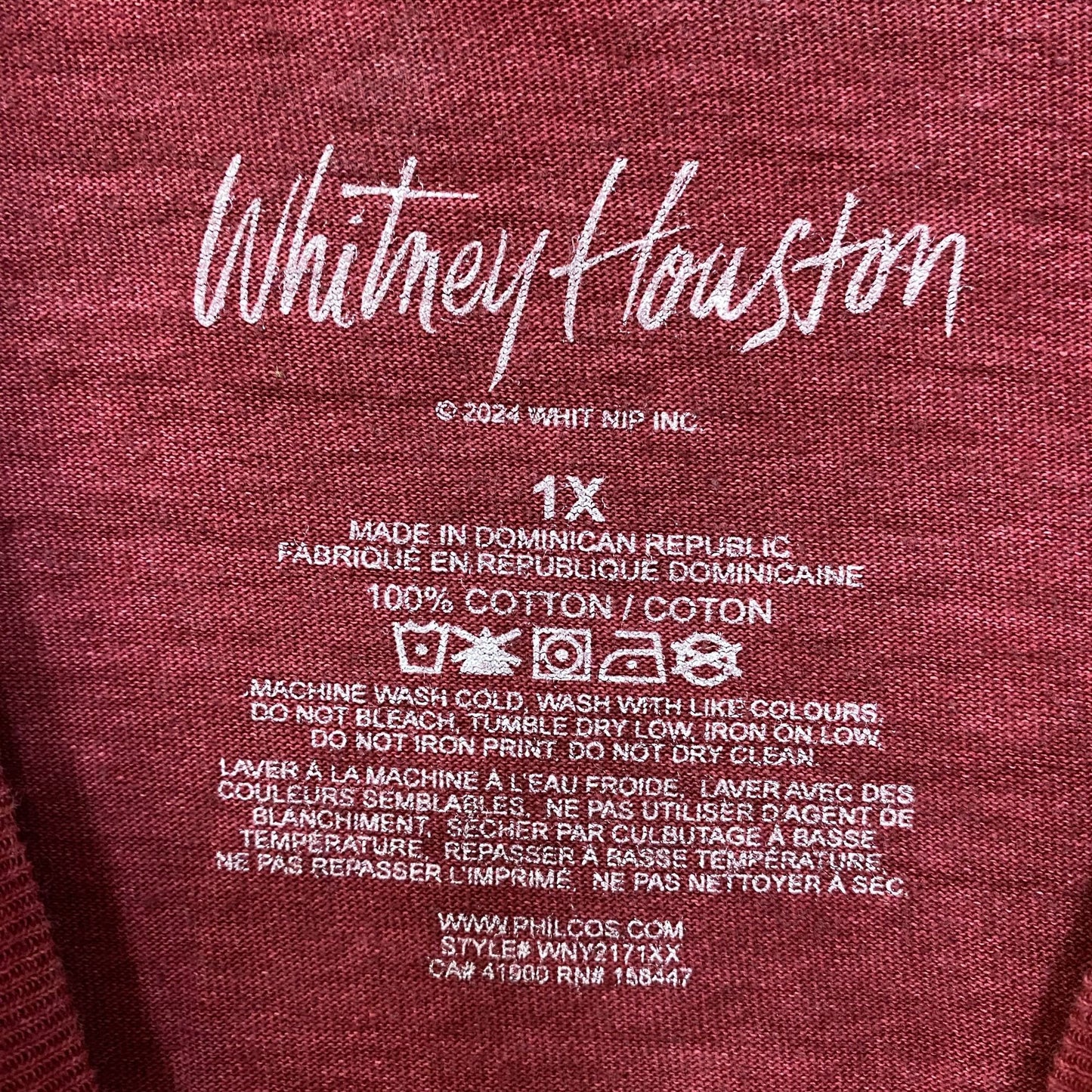 Whitney Houston I Will Always Love You Washed Graphic Burgundy T-Shirt XL