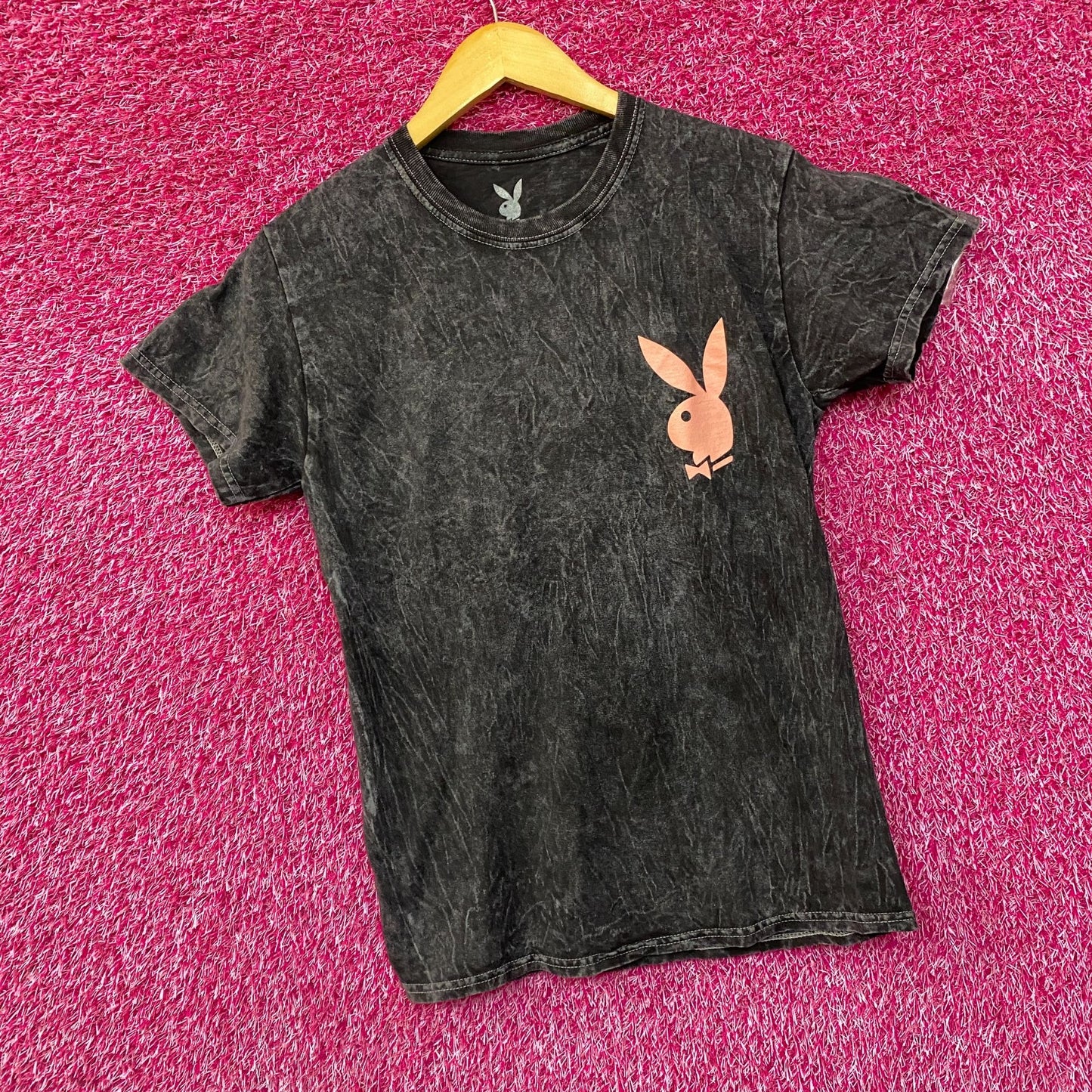 Playboy Logo Bunny Emblem Acid Wash T-Shirt Small