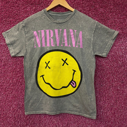 Nirvana Smiley Face Acid Wash Graphic Grunge T-Shirt Medium