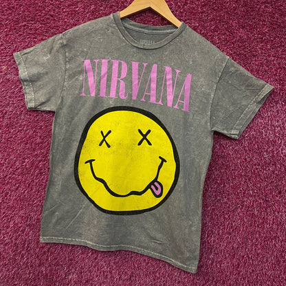 Nirvana Smiley Face Acid Wash Graphic Grunge T-Shirt Medium