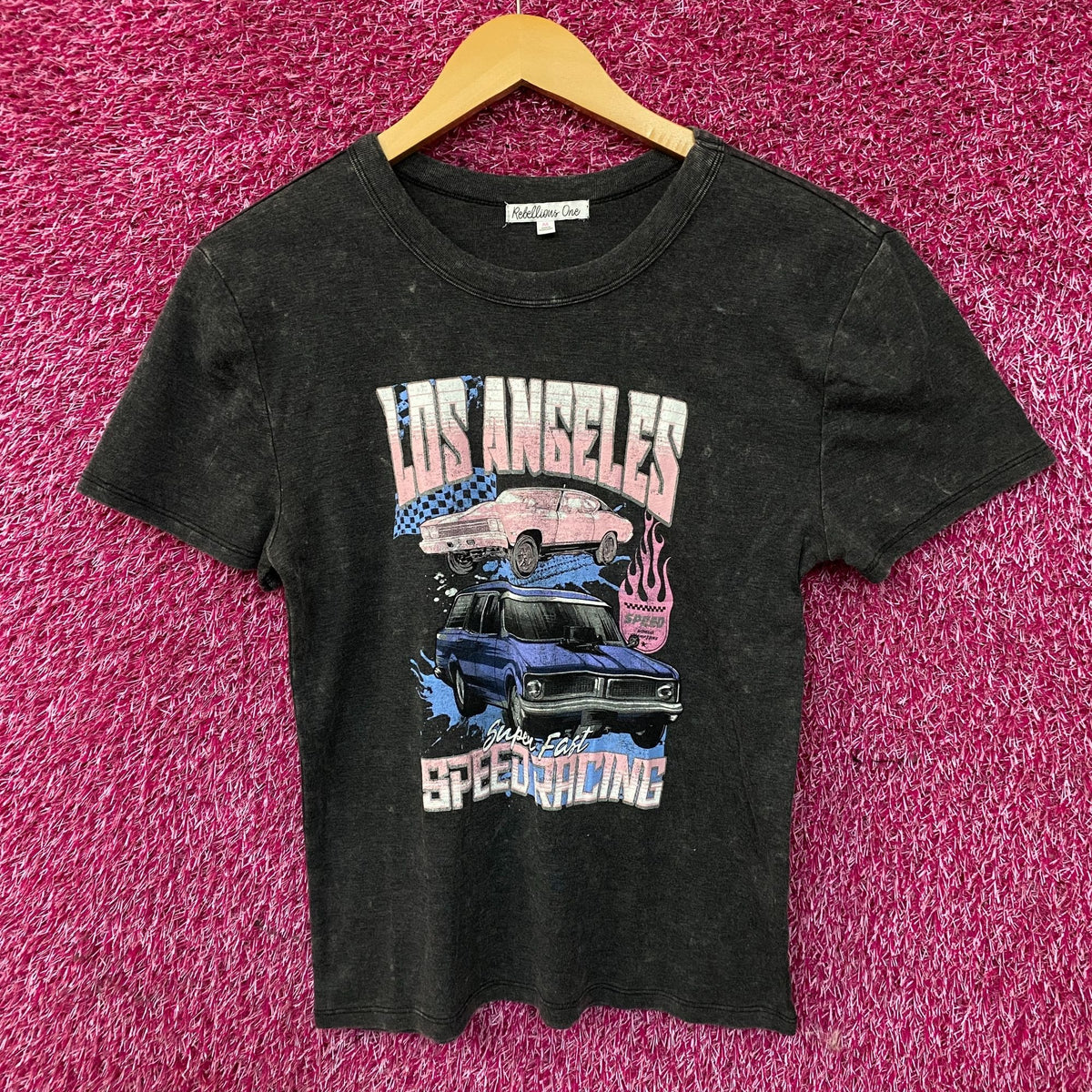 Rebellious One Los Angeles Super Fast Speed Racing Graphic Crop T-Shirt Medium