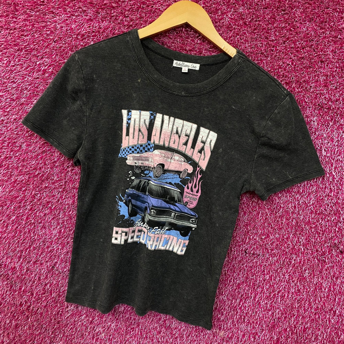 Rebellious One Los Angeles Super Fast Speed Racing Graphic Crop T-Shirt Medium