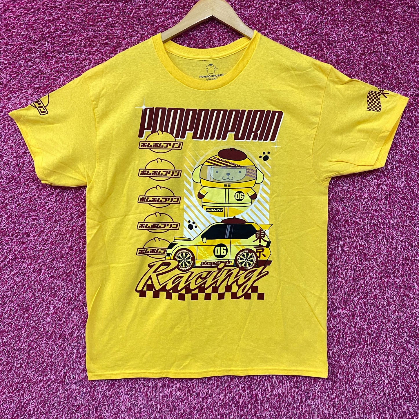 Sanrio Pompompurin Racing Kawaii Print T-Shirt Large