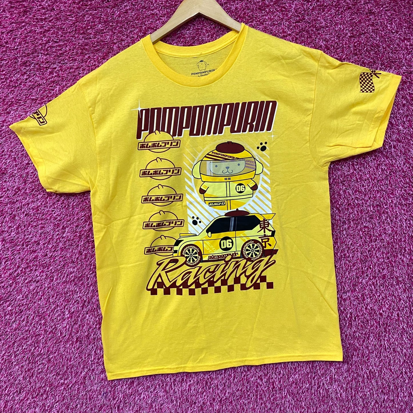 Sanrio Pompompurin Racing Kawaii Print T-Shirt Large