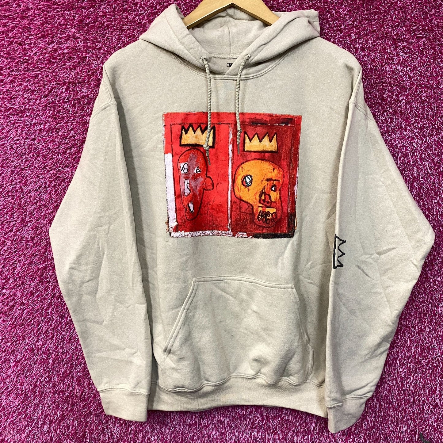 Jean Michel Basquiat Crown King Design Biege Hoodie size Medium