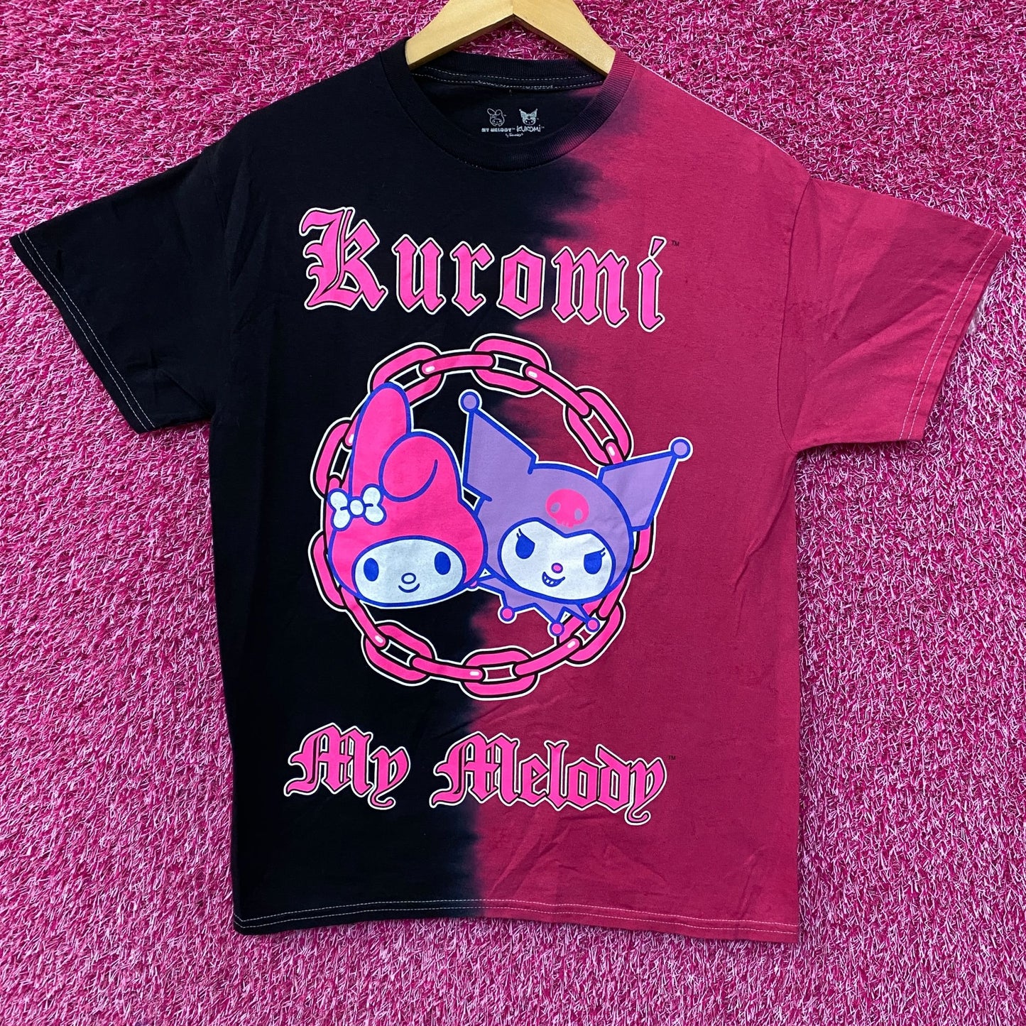Sanrio Kuromi & My Melody Linked Together Split Tie Dye Anime T-Shirt Medium