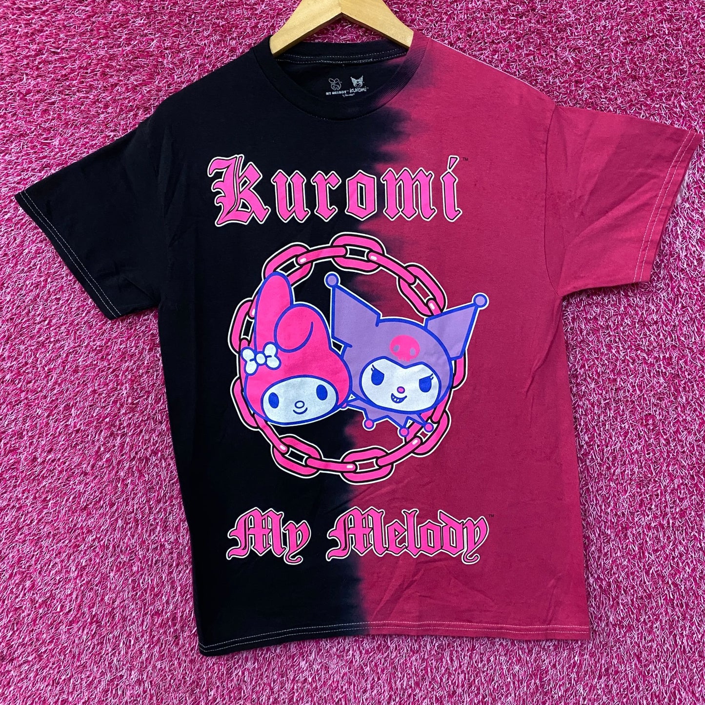Sanrio Kuromi & My Melody Linked Together Split Tie Dye Anime T-Shirt Medium