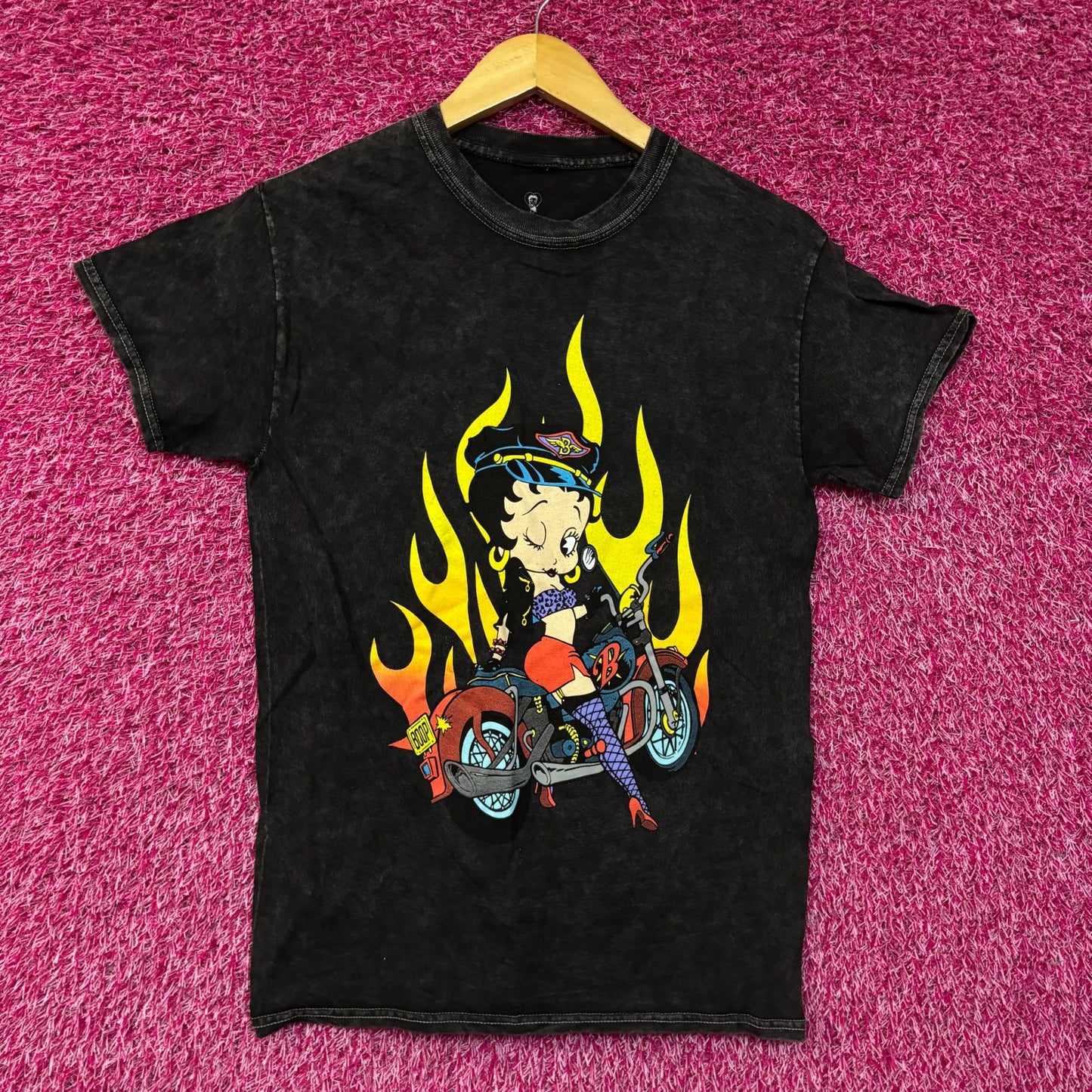 Betty Boop Biker Betty Flames Graphic Tee Charcoal Small