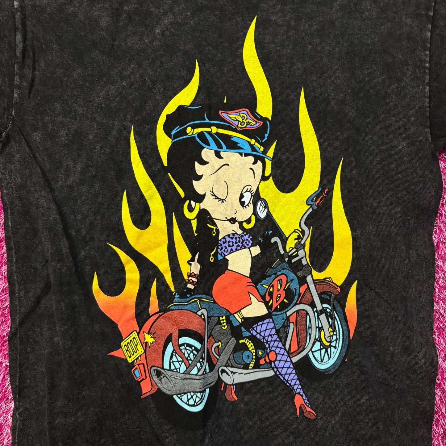 Betty Boop Biker Betty Flames Graphic Tee Charcoal Small