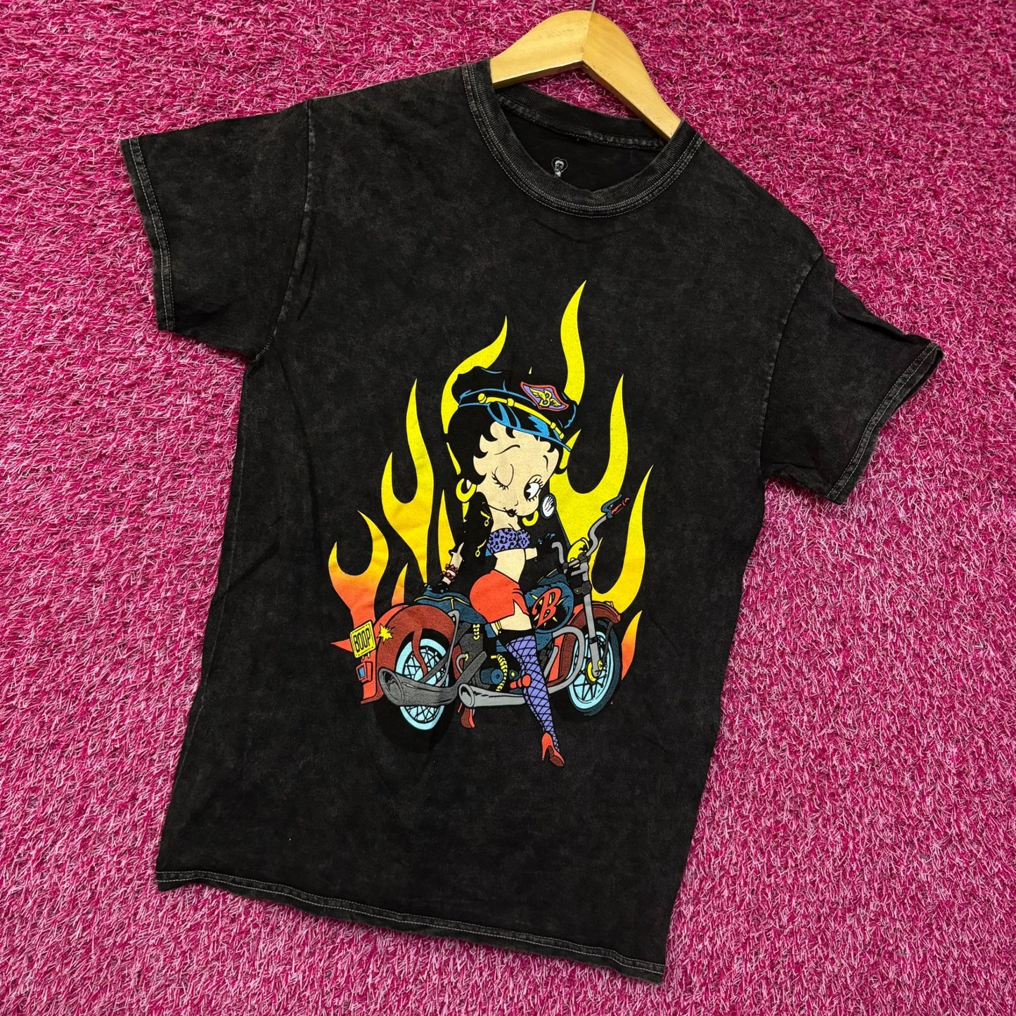 Betty Boop Biker Betty Flames Graphic Tee Charcoal Small