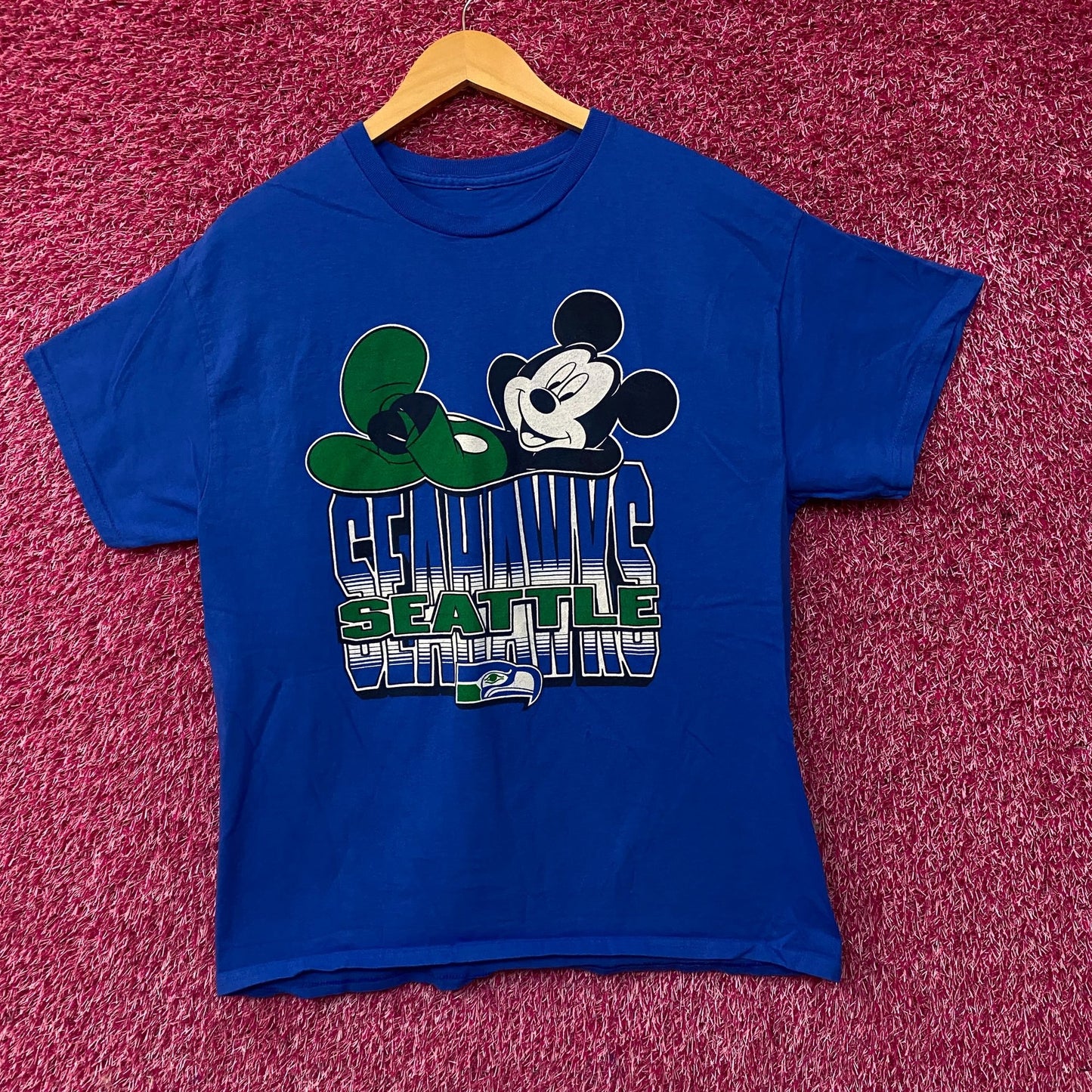 NFL X Junk Food Clothing Mickey Mouse Seattle Seahawks Blue Shirt Medium