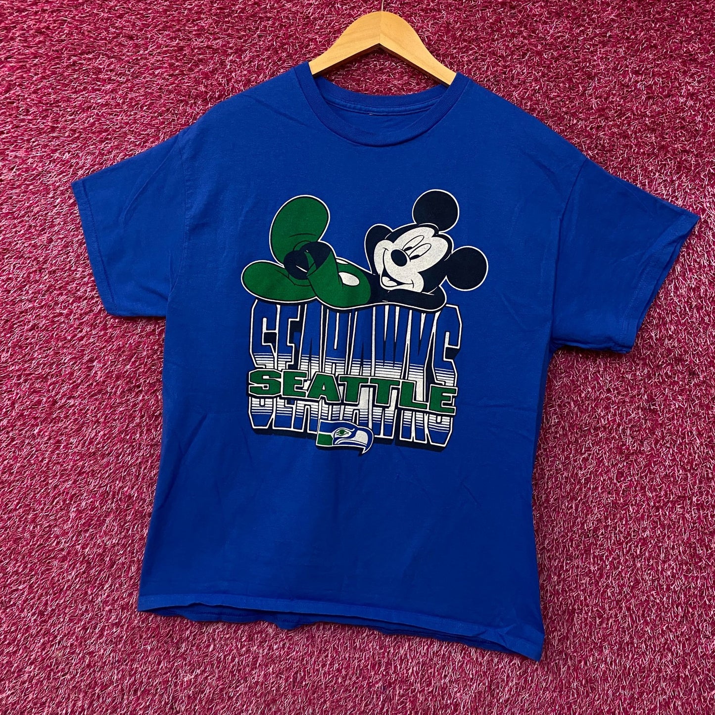 NFL X Junk Food Clothing Mickey Mouse Seattle Seahawks Blue Shirt Medium