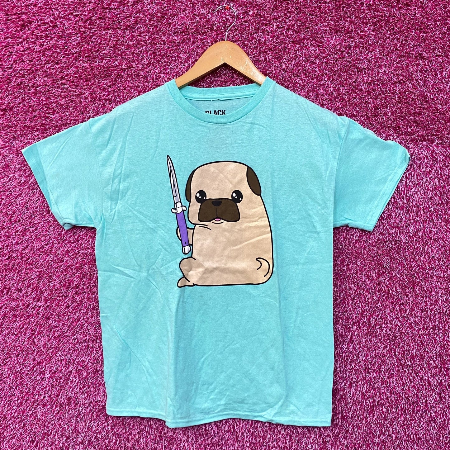 Doug The Thug Pug Butterfly Knife Kawaii Pop Art Tee M
