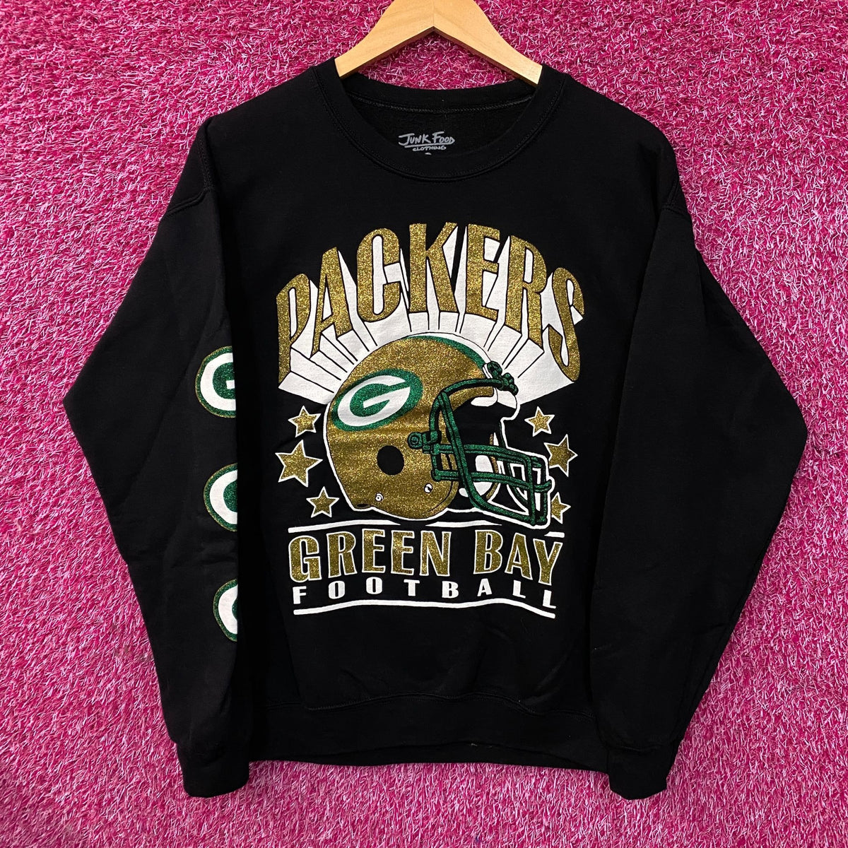 Junk Food Clothing Green Bay Packers Glitter Helmet Flea Market Crewneck Fleece Small