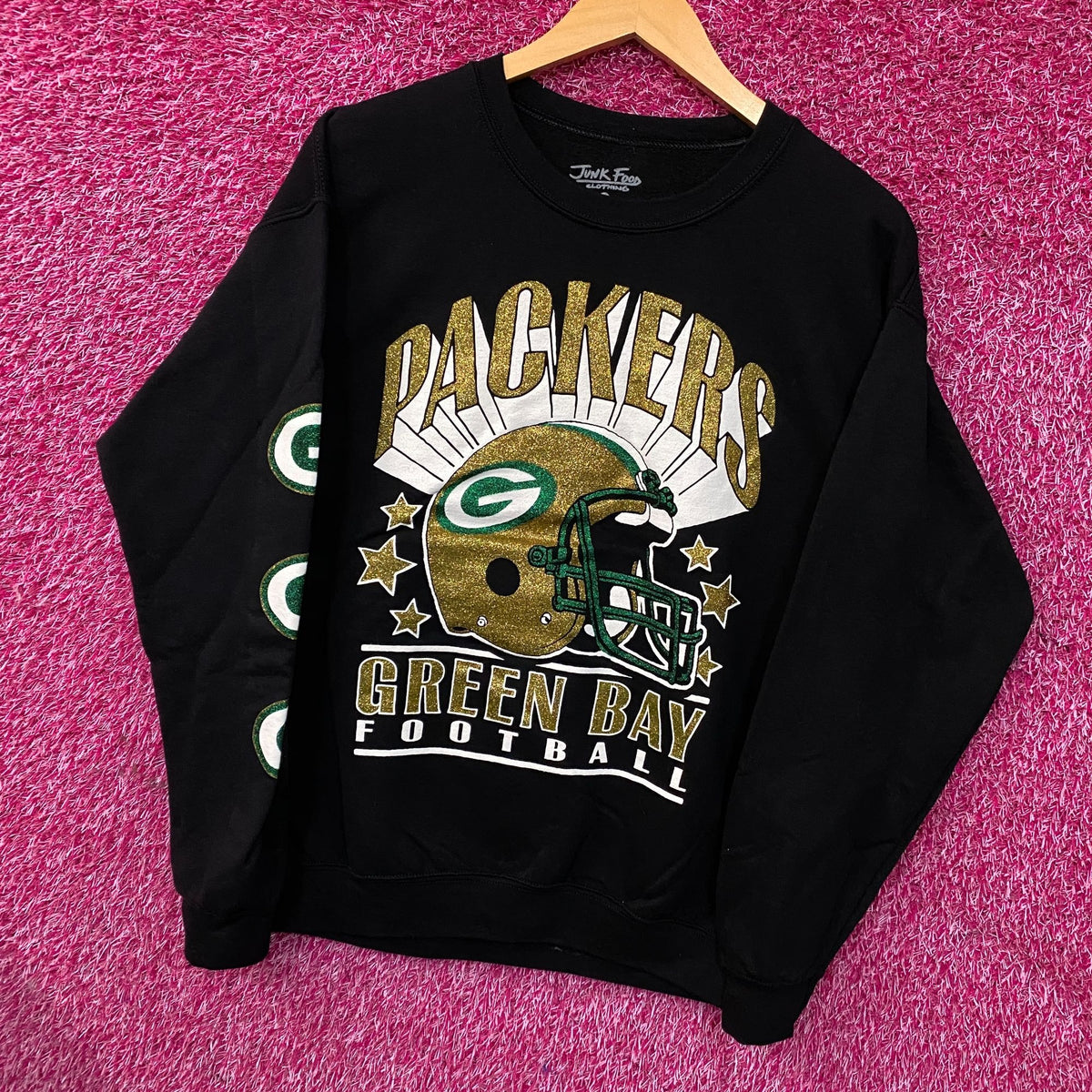 Junk Food Clothing Green Bay Packers Glitter Helmet Flea Market Crewneck Fleece Small