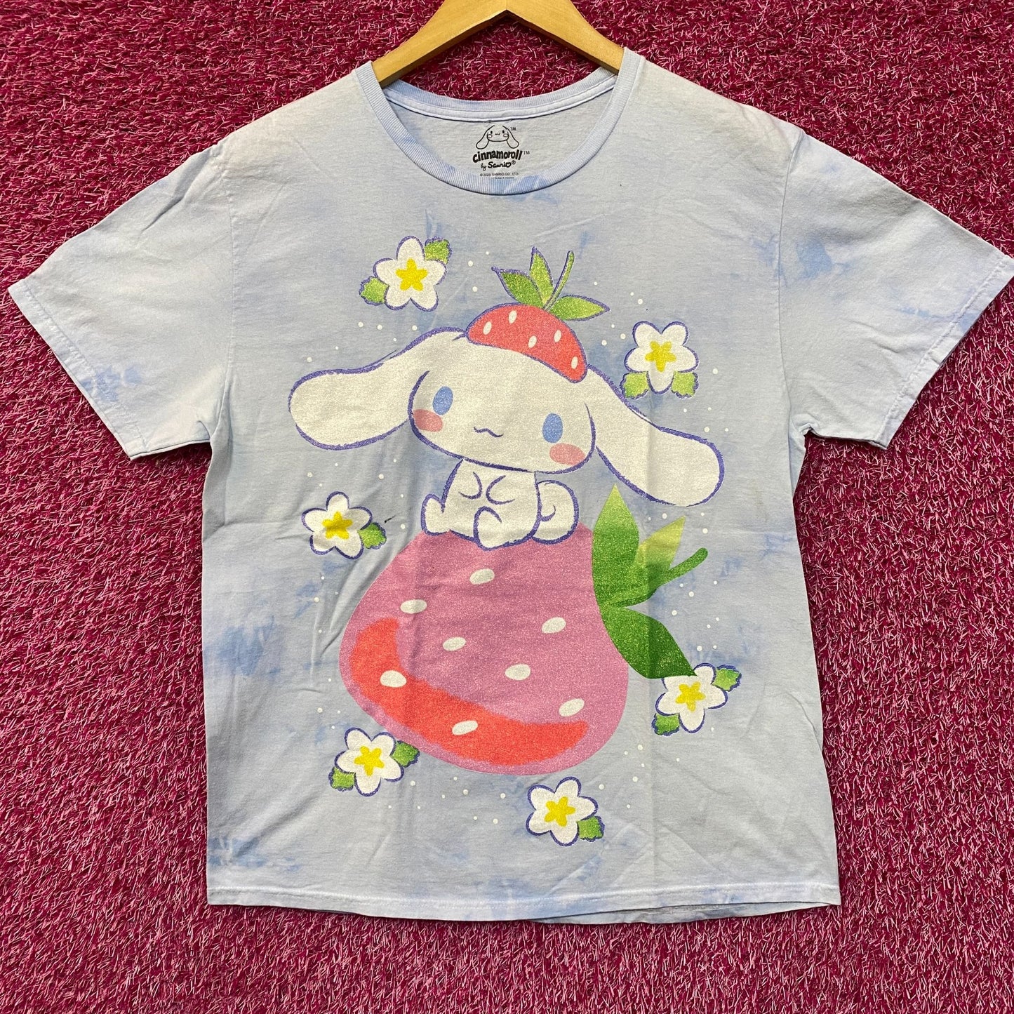 Sanrio Cinnamoroll Strawberry Kawaii Blue Graphic Print Shimmer T-Shirt Large