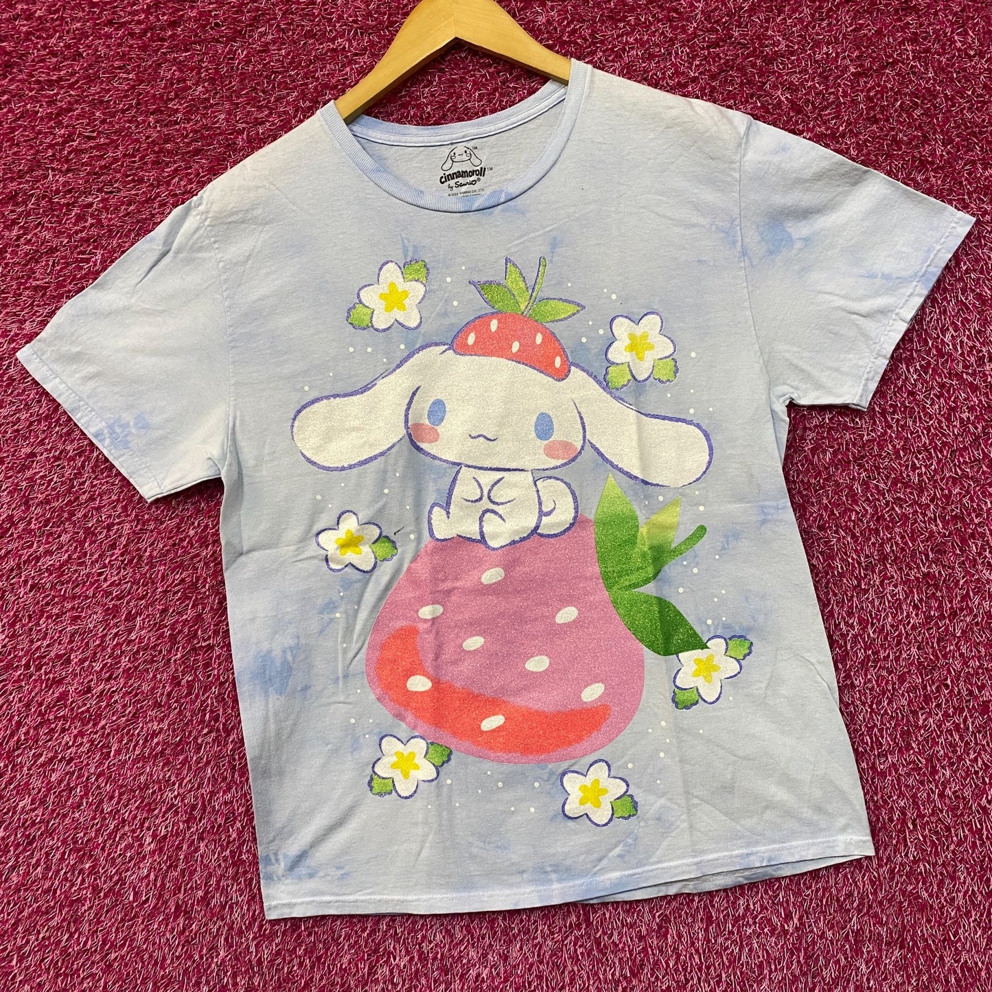 Sanrio Cinnamoroll Strawberry Kawaii Blue Graphic Print Shimmer T-Shirt Large