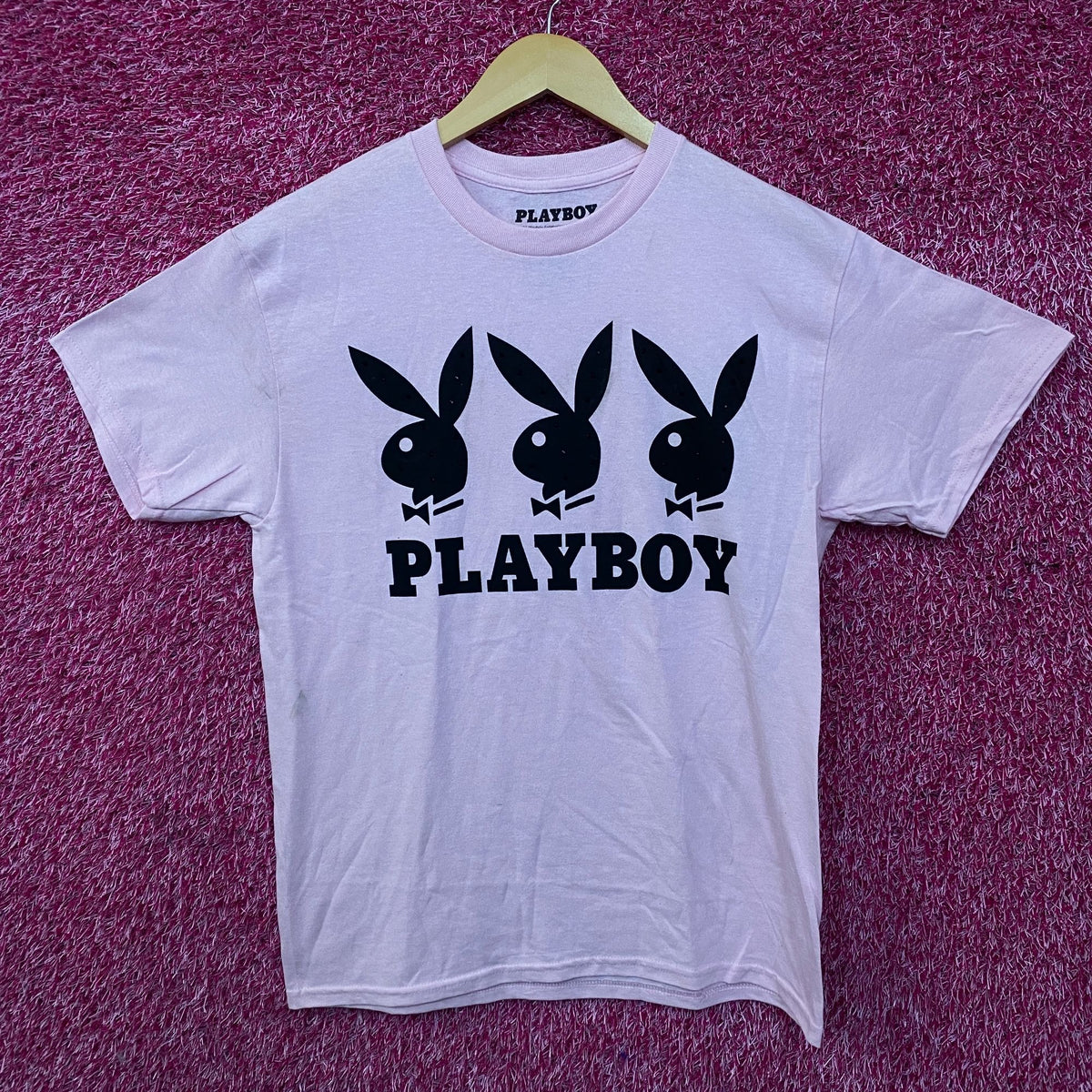 Playboy Triple Bunny Logo Rhinestone Graphic T-Shirt Medium