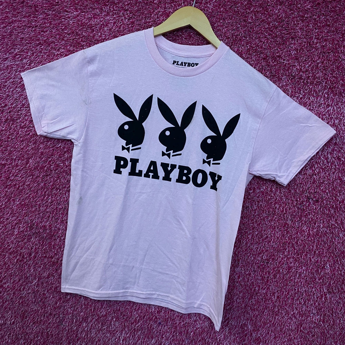 Playboy Triple Bunny Logo Rhinestone Graphic T-Shirt Medium
