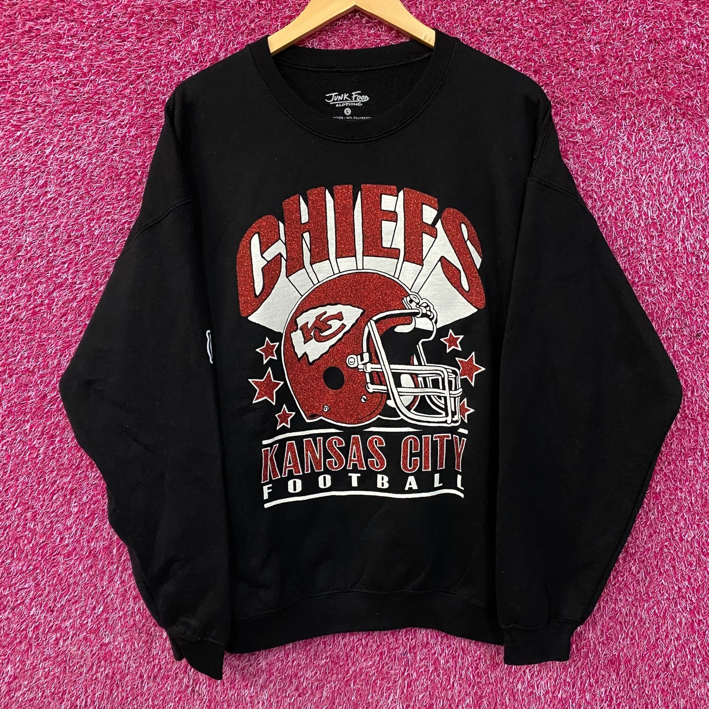 Kansas City Chiefs Junk Food Clothing Glitter Helmet Crewneck Sweatshirt Large