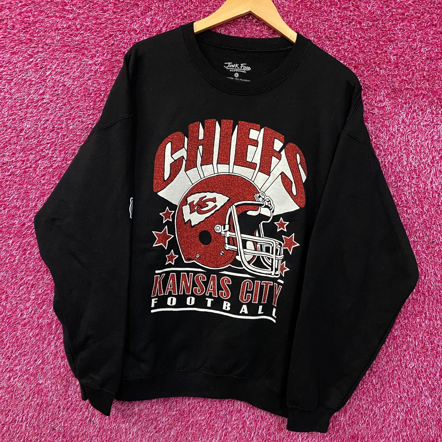 Kansas City Chiefs Junk Food Clothing Glitter Helmet Crewneck Sweatshirt Large