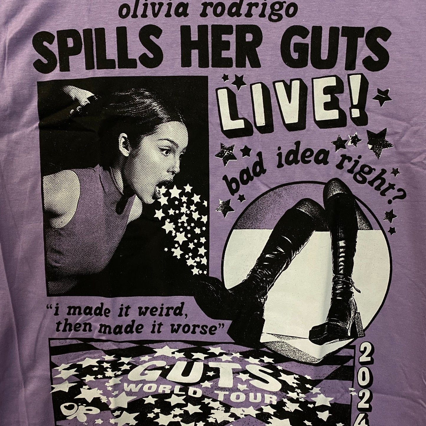 Olivia Rodrigo "Spills Her Guts LIVE!" Graphic T-shirt Large