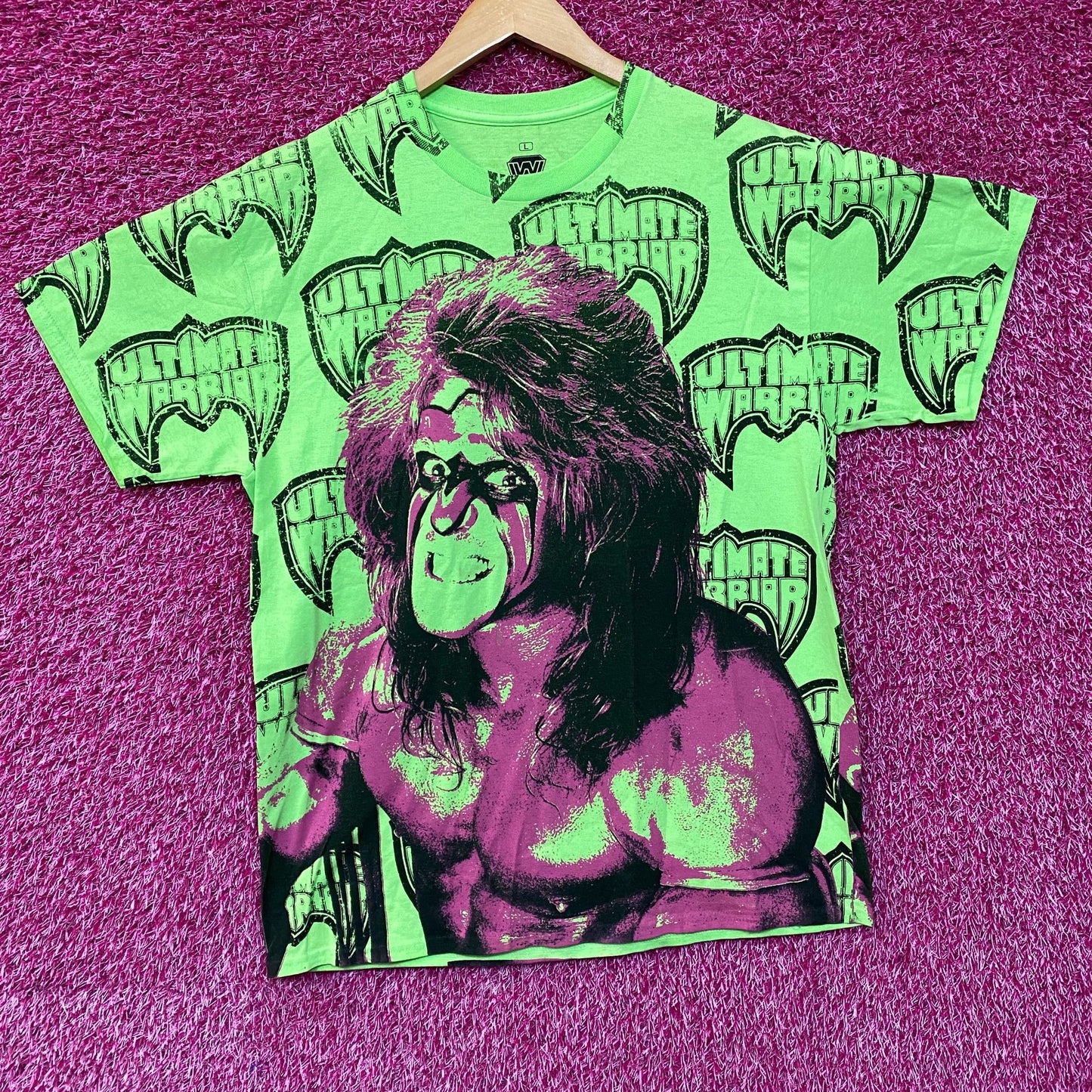 WWE Ripple Junction Neon Green The Ultimate Warrior Allover Print T-Shirt Size Large