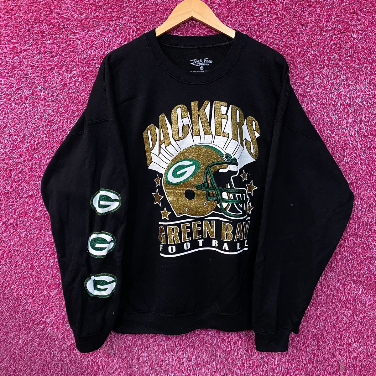 Junk Food Clothing Green Bay Packers Glitter Helmet Flea Market Crewneck Fleece 2XL